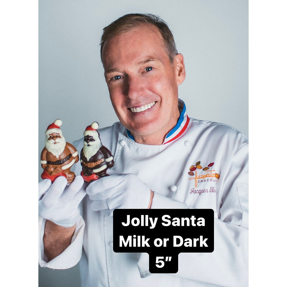 Chef Jacques Torres holding milk and dark chocolate Jolly Santas