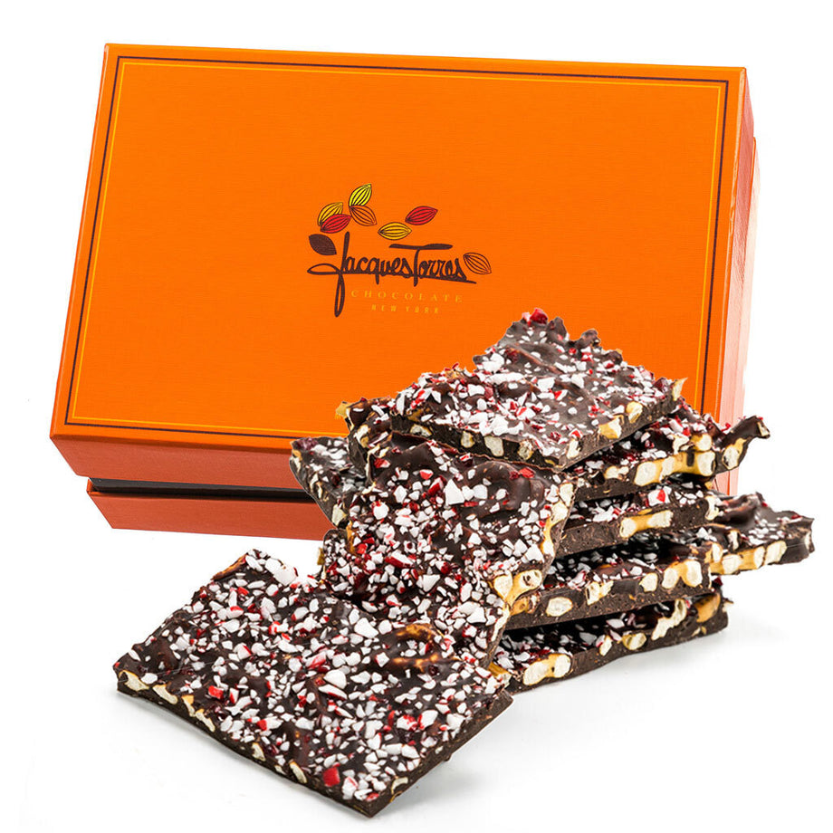 Pretzel Mint Bark with decorative orange box