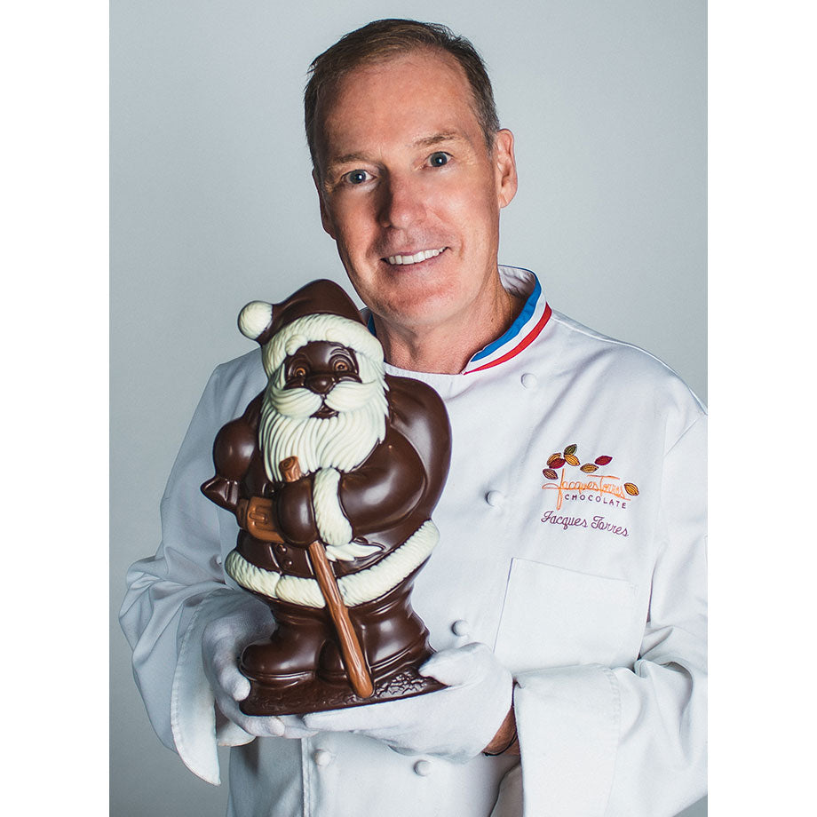 Chef Jacques Torres holding Large Dark Chocolate Santa