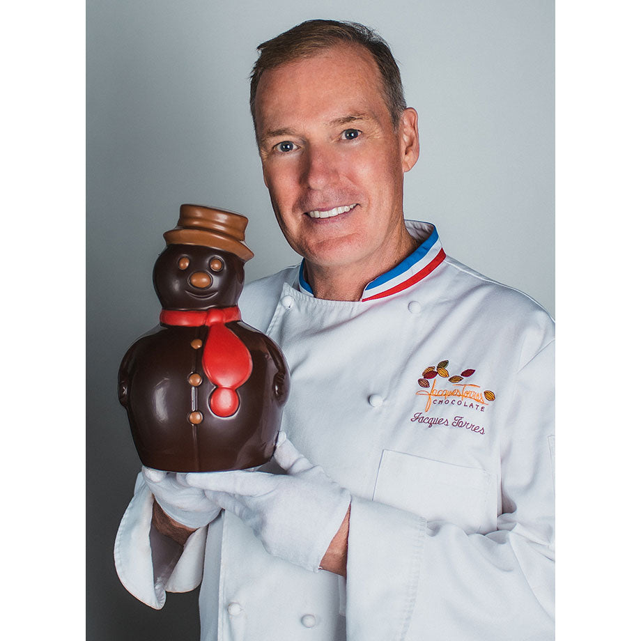 Chef Jacques Torres holding Large Dark Chocolate Snowman