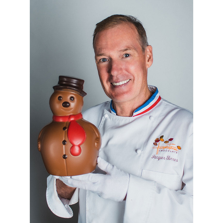 Chef Jacques Torres holding Large Milk Chocolate Snowman