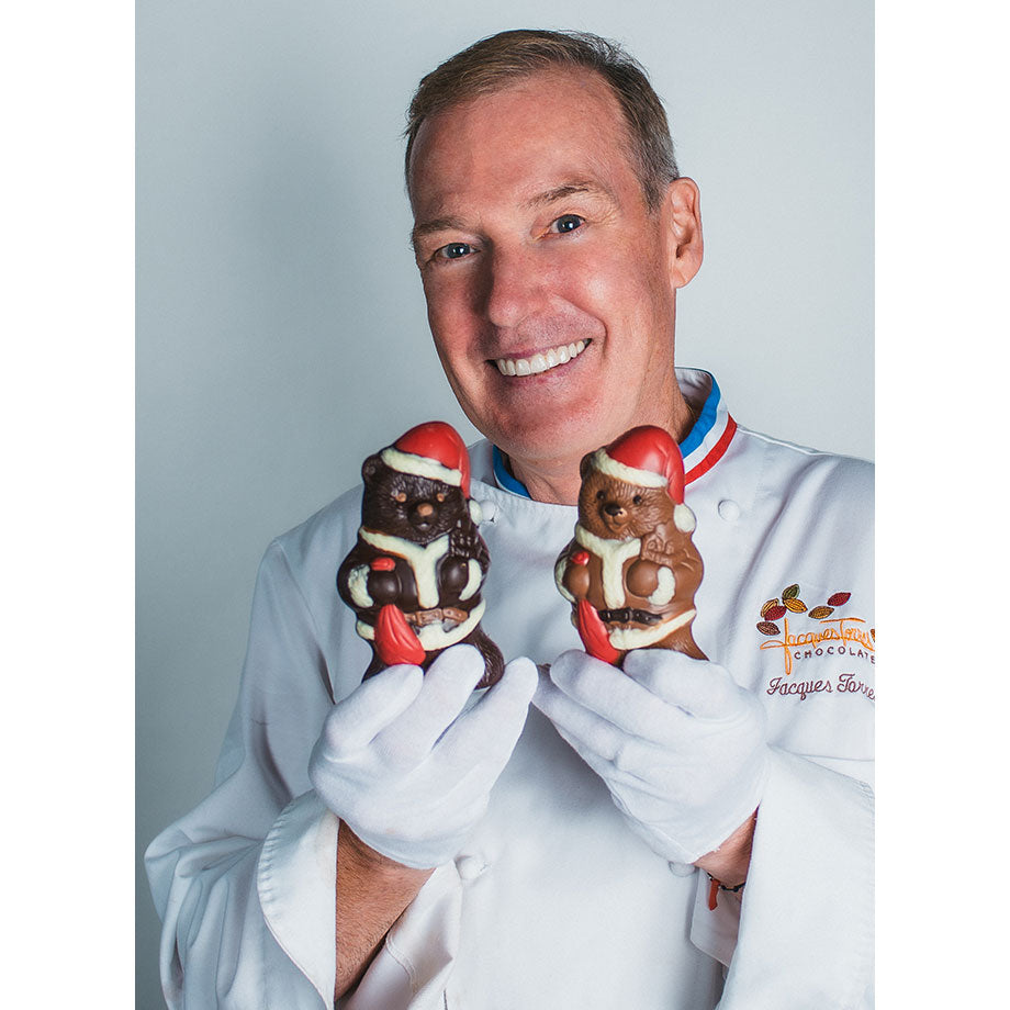 Chef Jacques Torres holding Chocolate Santa Bears